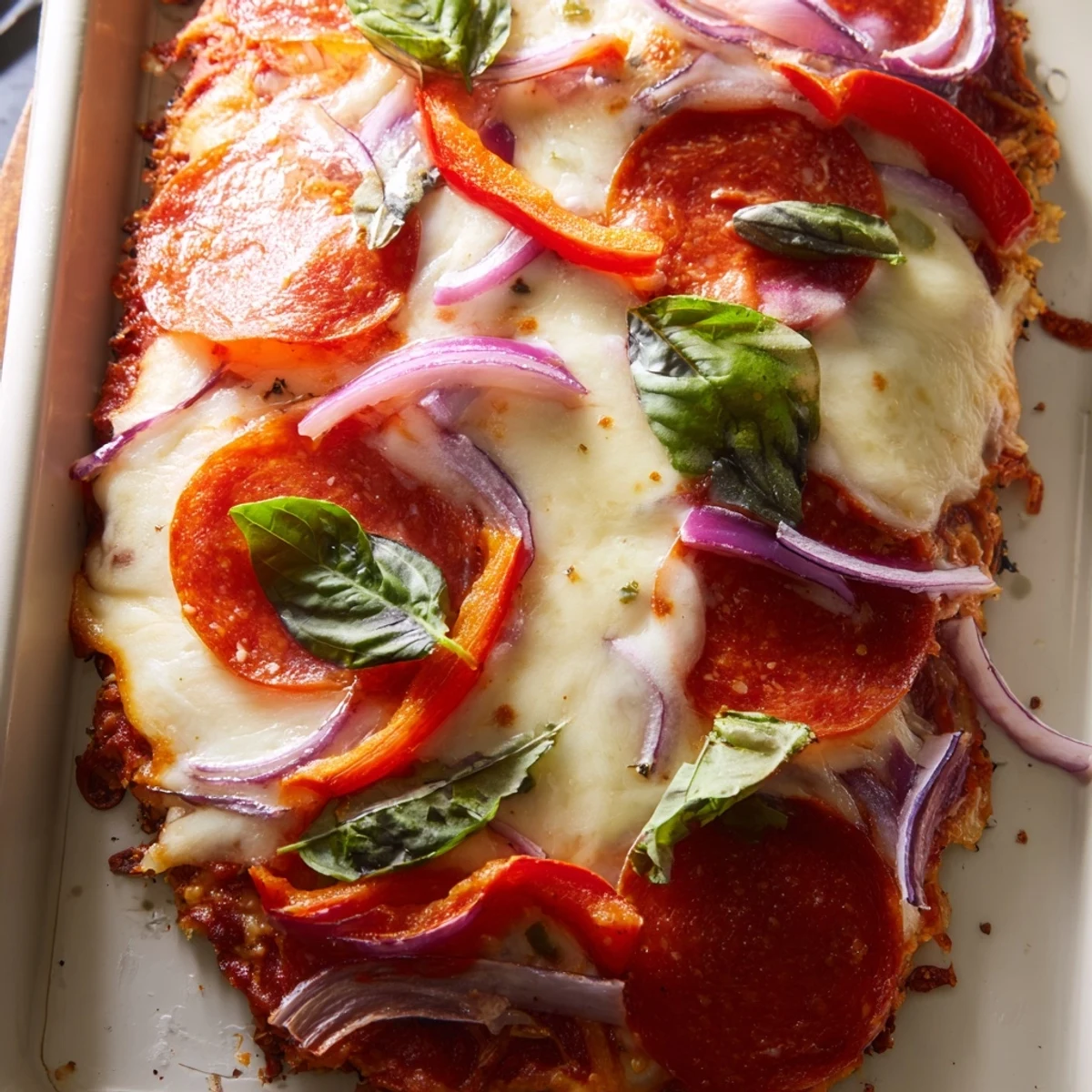 Homemade crispy chicken crust pizza featuring a golden protein-rich base with classic pizza toppings