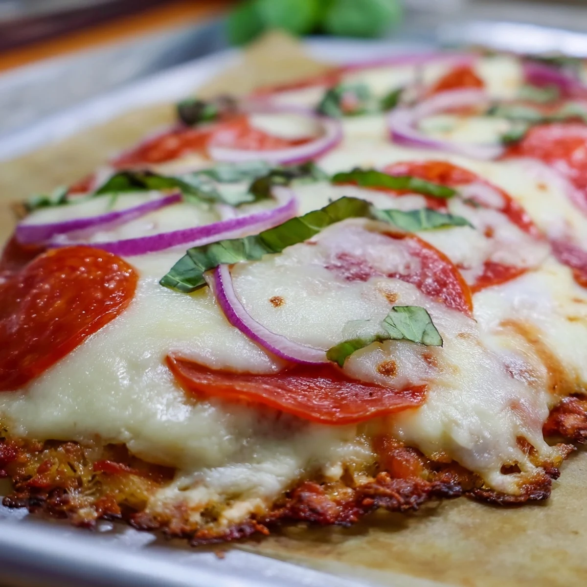 Sliced low-carb chicken crust pizza loaded with colorful vegetables and melted cheese garnished with fresh basil