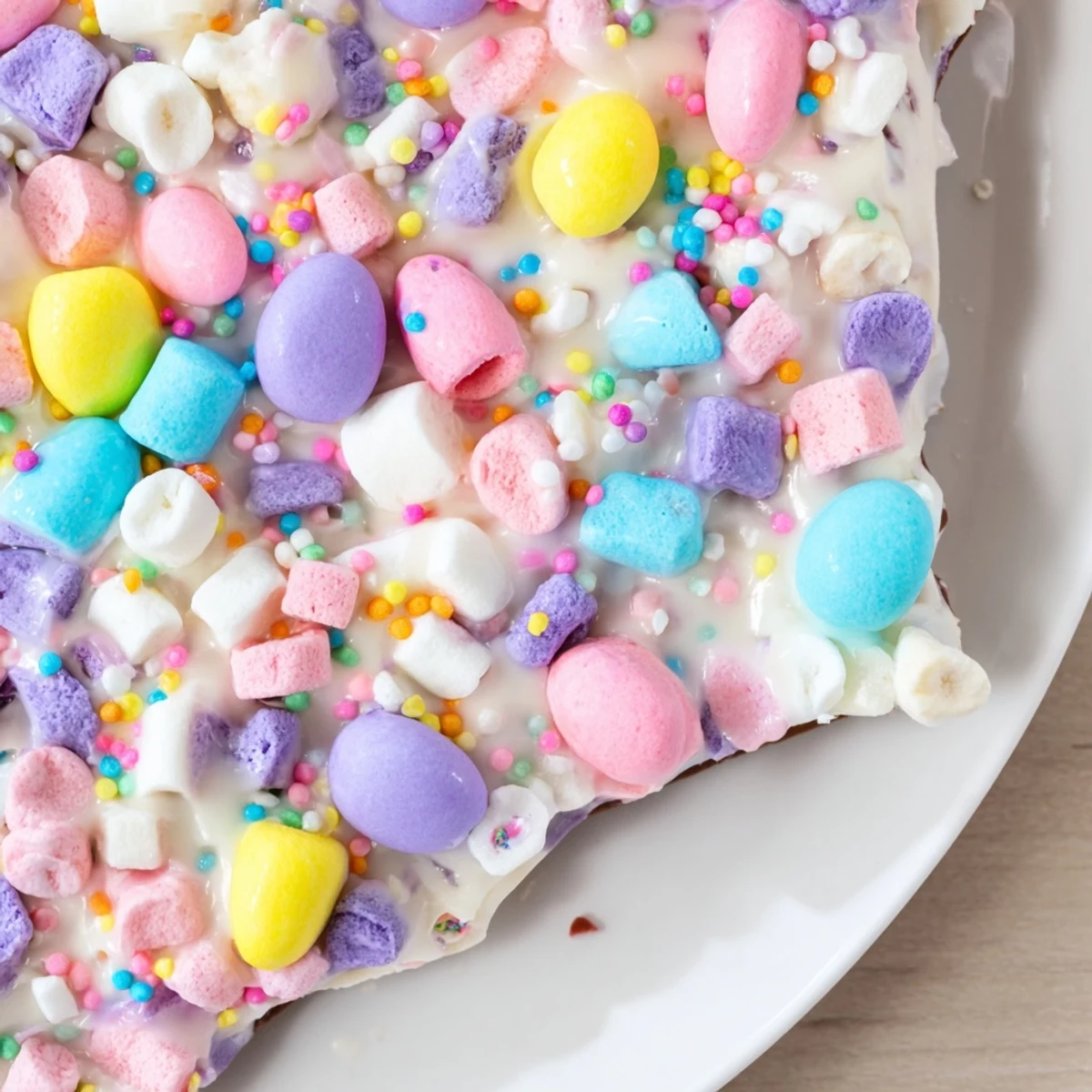 White Easter Marshmallow Bark with pastel marshmallows, candy eggs, and colorful sprinkles scattered on top