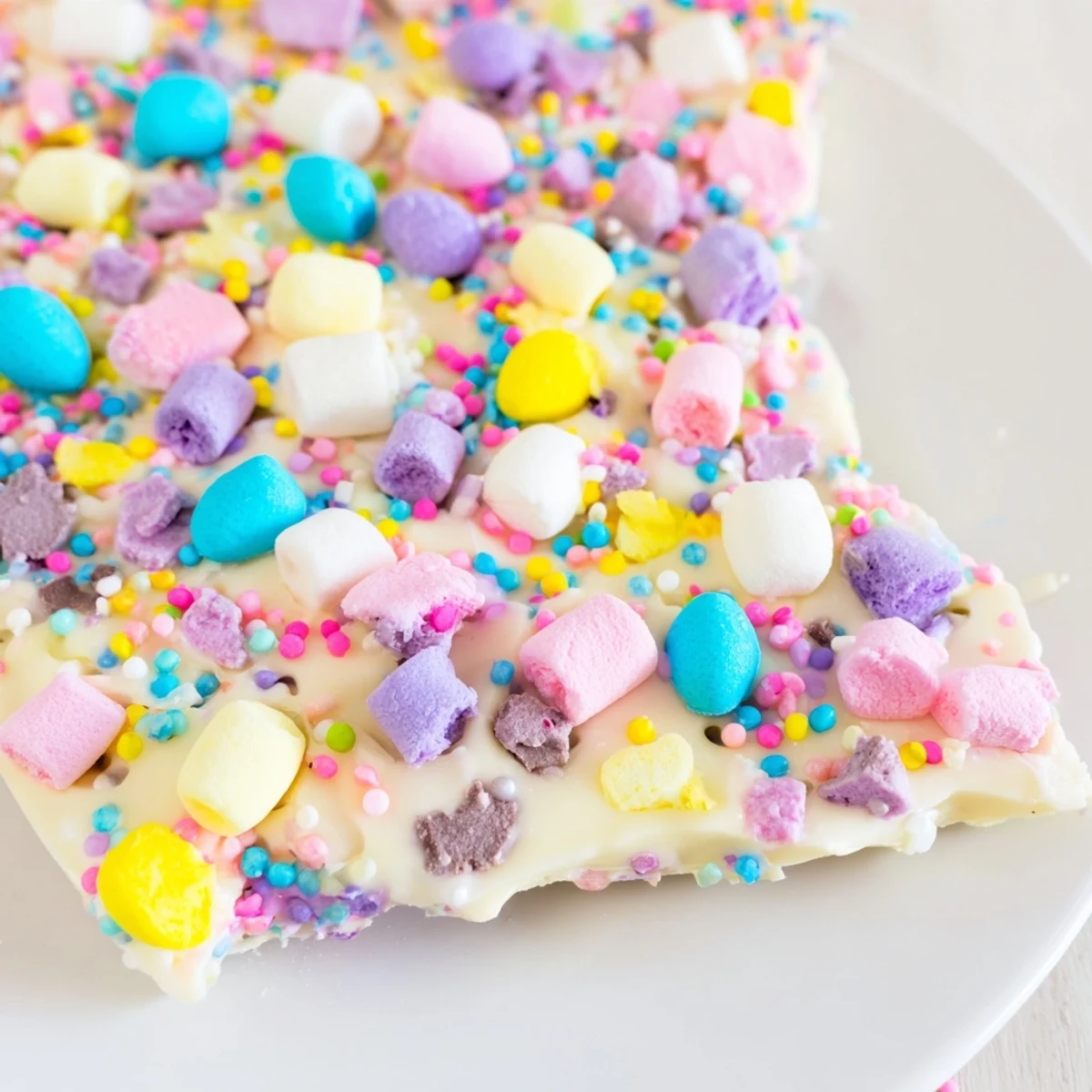 Festive Easter Marshmallow Bark broken into pieces showing creamy white chocolate and vibrant candy decorations