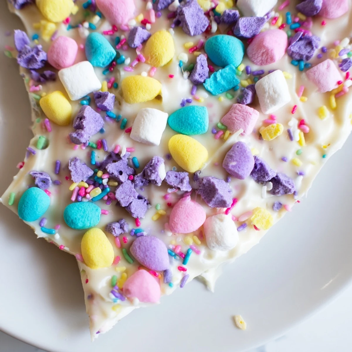 Homemade Easter Marshmallow Bark on parchment paper topped with chopped pastel eggs and mini marshmallows