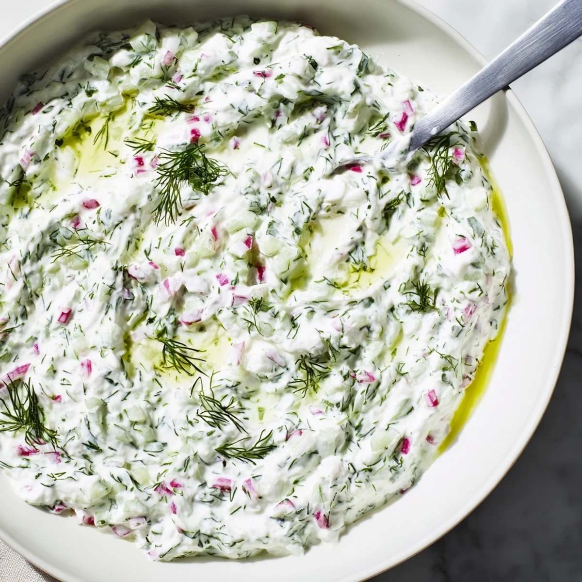 Creamy healthy radish tzatziki dip served in a white bowl with fresh herbs sprinkled on top