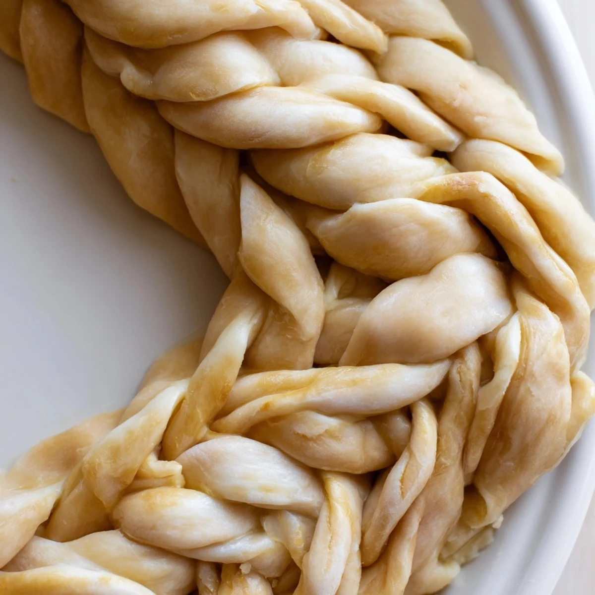 Golden brown Fishtail Braid Pie Crust with intricate woven dough bordering a fruit-filled pie