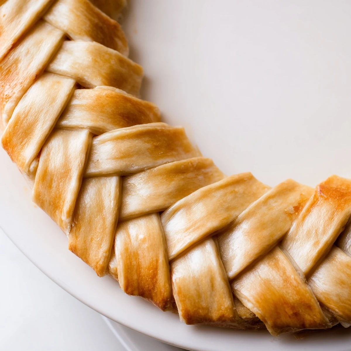 Close-up view of decorative Fishtail Braid Pie Crust braiding technique showing woven pastry strips