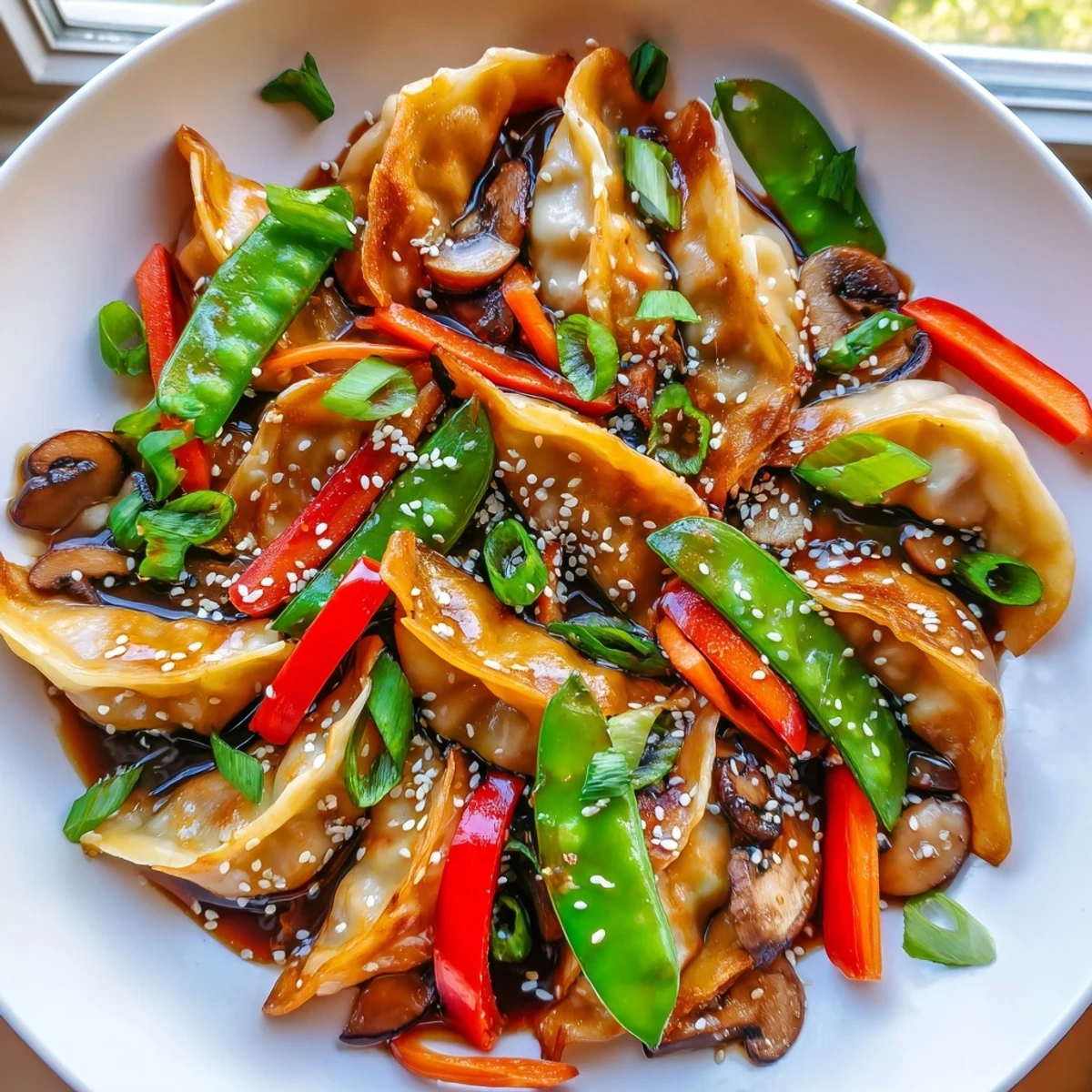 Golden crispy potsticker stir fry with colorful vegetables in savory glaze