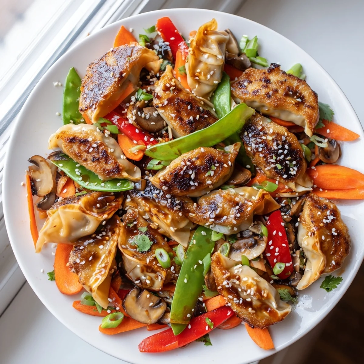 Crispy potstickers tossed with fresh snap peas and peppers in dark sauce
