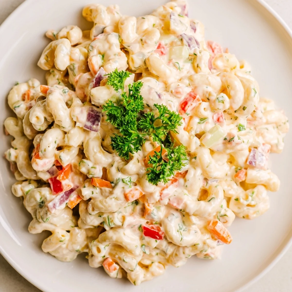 Creamy macaroni salad loaded with colorful diced vegetables in a rich tangy dressing