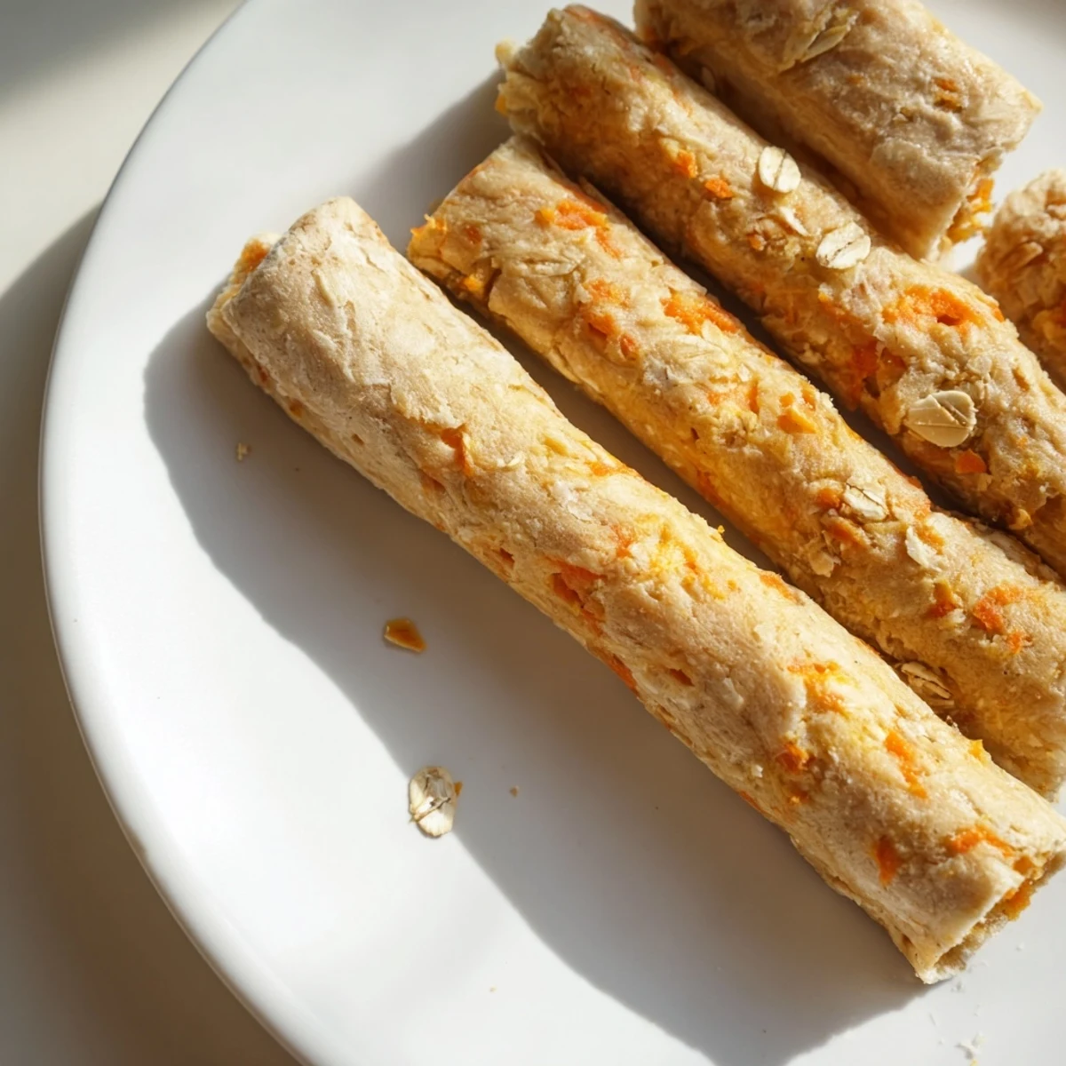 Golden homemade apple and carrot dog chew sticks arranged on a rustic wooden cutting board for wholesome pet treats