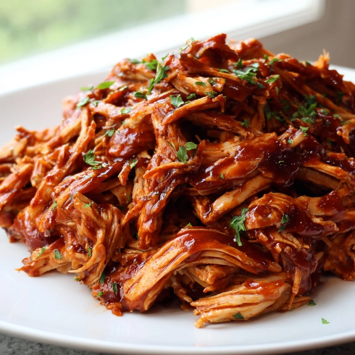 Tender Sweet Baby Ray's Crockpot Chicken glazed with rich barbecue sauce on a white plate