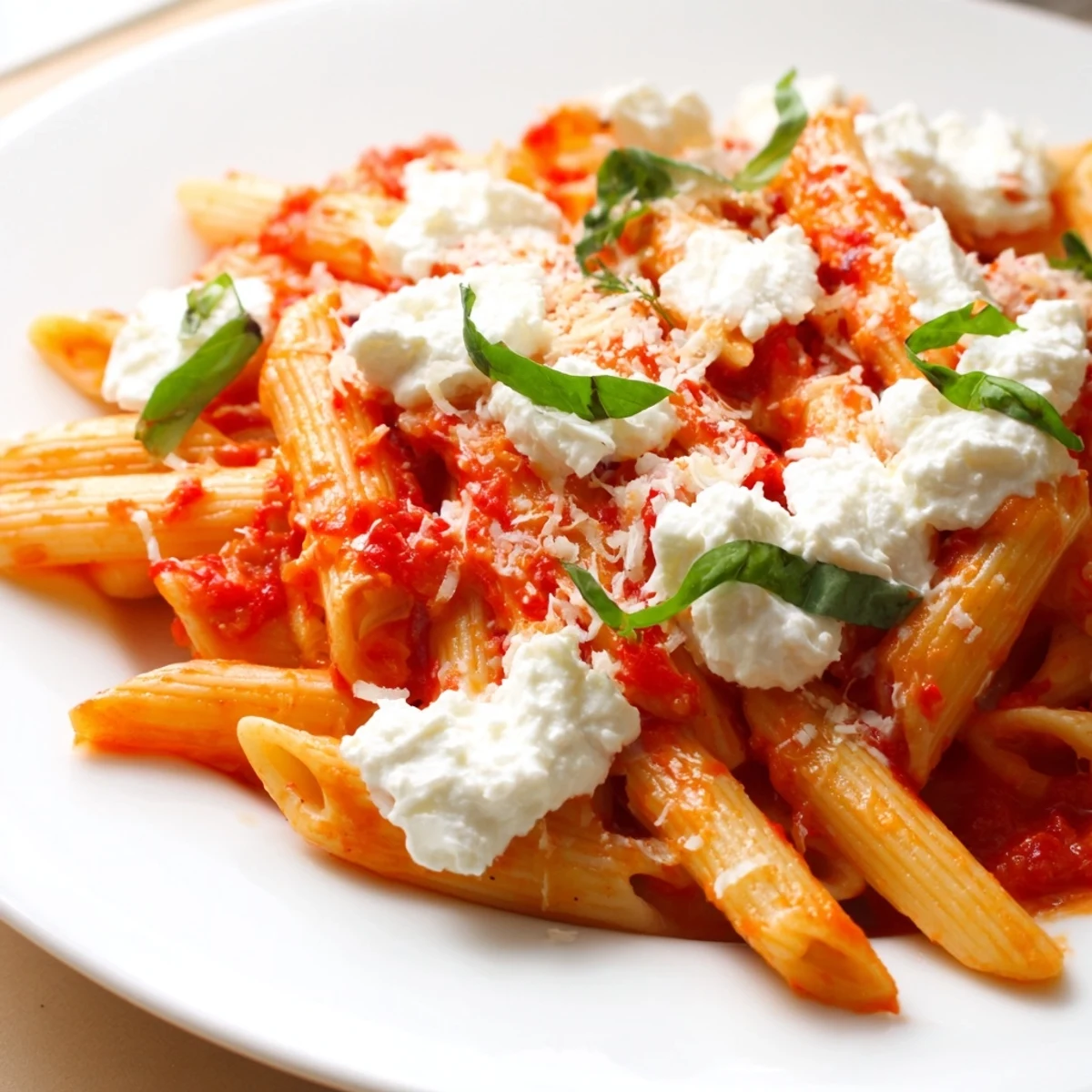 Creamy tomato garlic ricotta penne topped with fresh basil and parmesan cheese