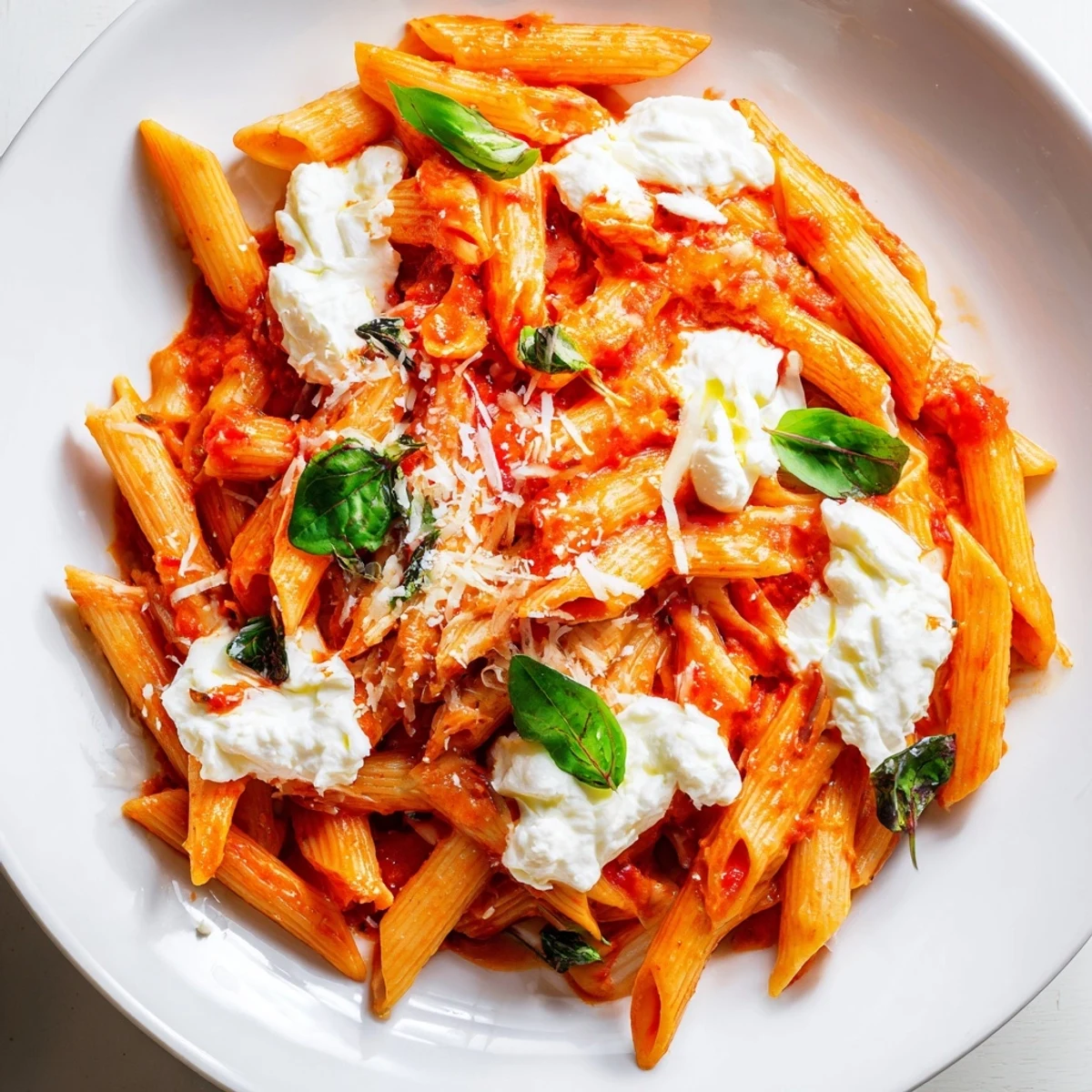 Tender penne pasta coated in rich tomato sauce with pillowy ricotta dollops