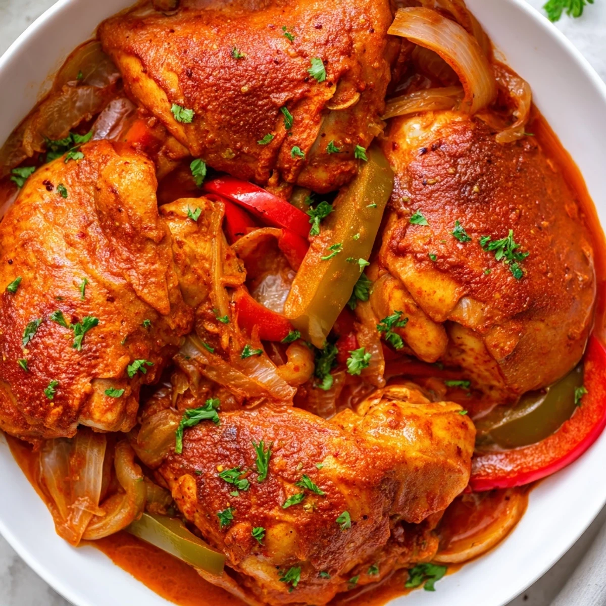 Tender Senegalese chicken simmered in rich tomato sauce with colorful bell peppers