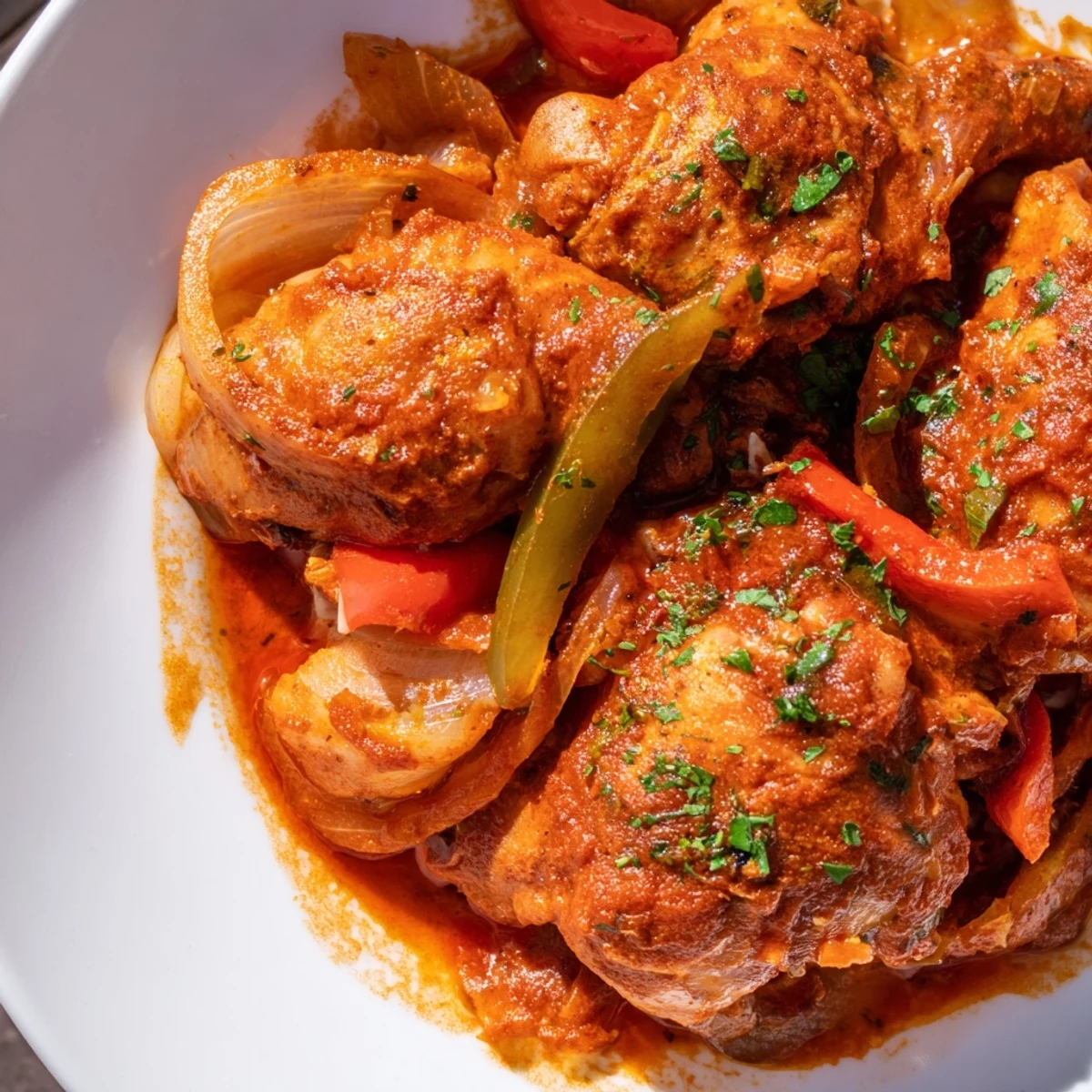 Golden brown Senegalese chicken pieces nestled in aromatic spiced onion and tomato stew