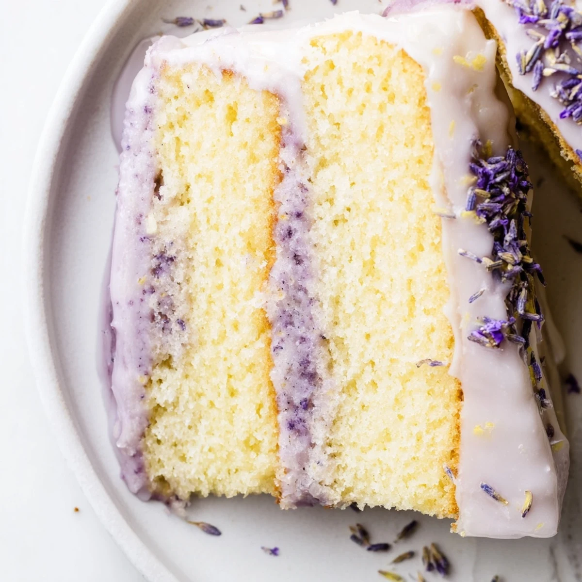 Lavender cake with lemon glaze drizzled over a tender golden crumb