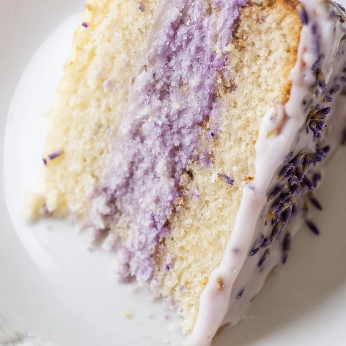 A slice of lavender cake topped with speckled sweet icing