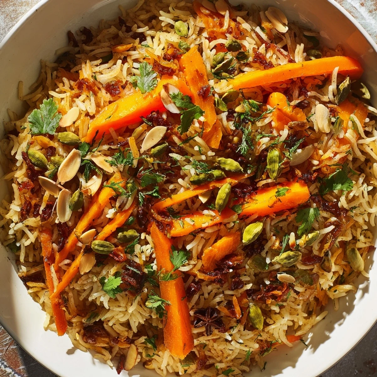 Golden Afghan rice topped with sweet raisins, julienned carrots, and fresh cilantro