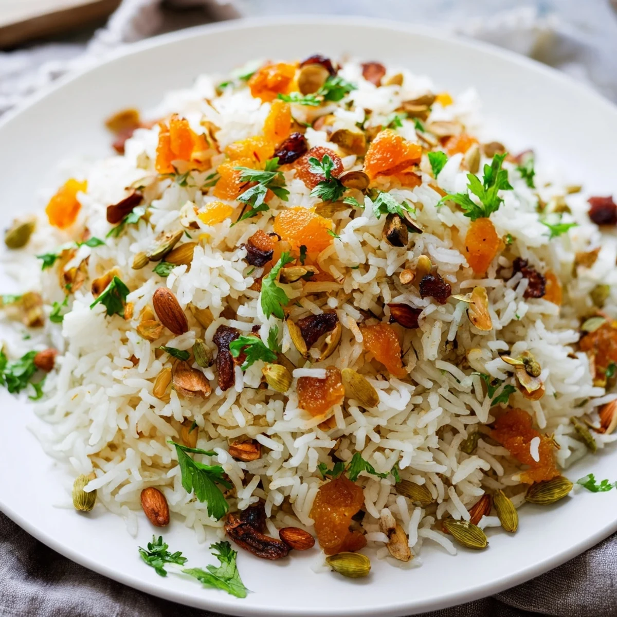 Steaming plate of Afghan rice studded with spices, almonds, and plump raisins