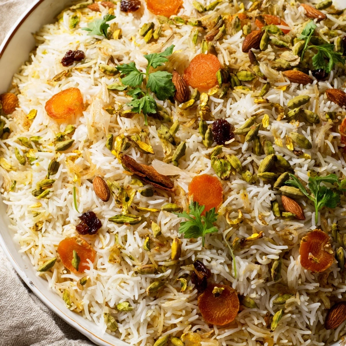 Fragrant Afghan rice garnished with sautéed carrots, raisins, and chopped fresh parsley