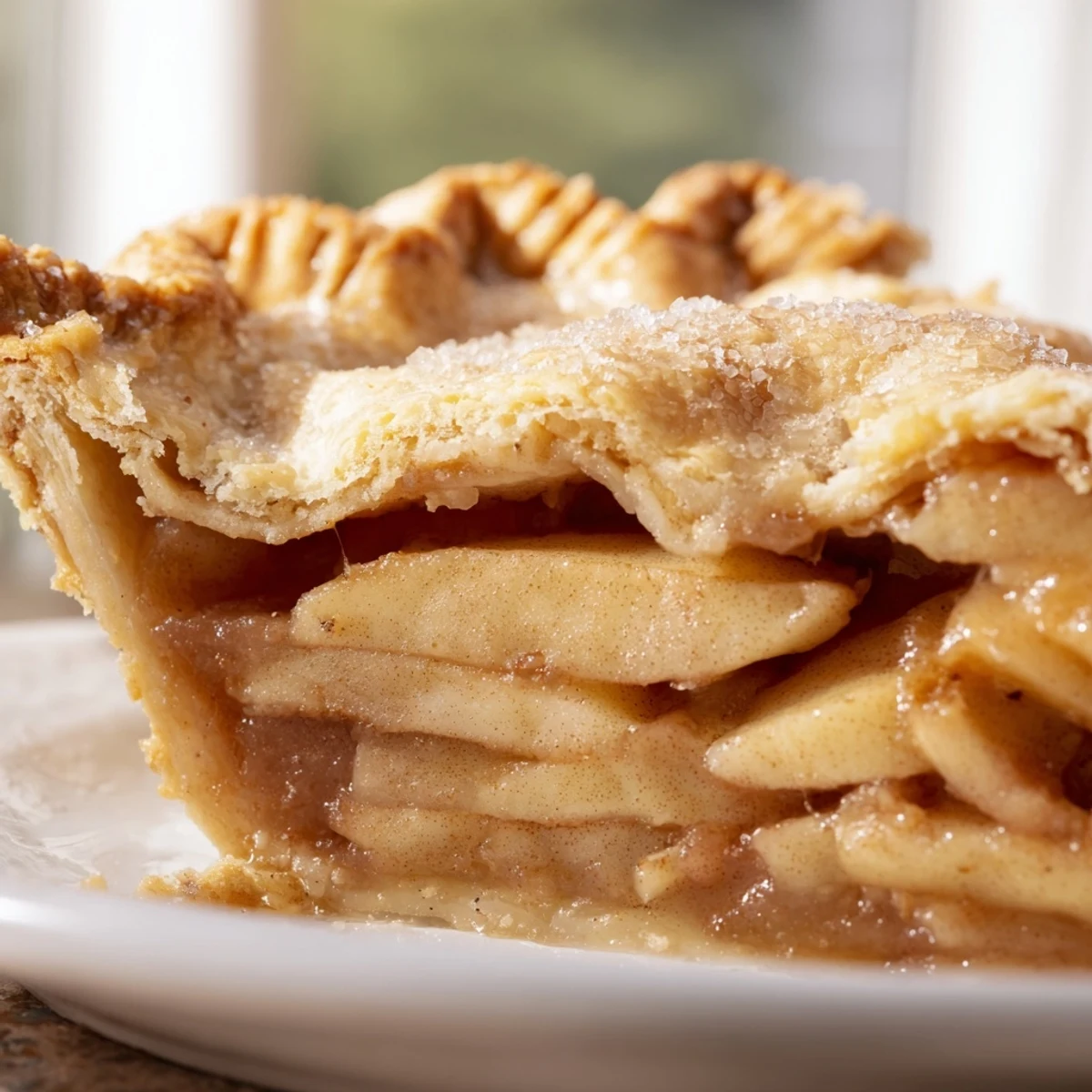 Warm apple pie slice topped with vanilla ice cream on rustic plate