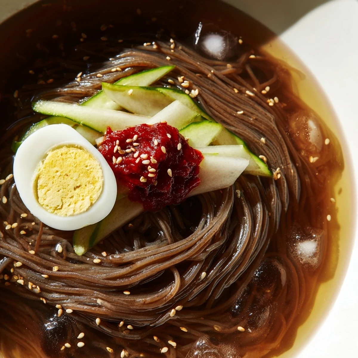 Chewy Korean naengmyeon noodles in icy tangy broth topped with sliced beef and egg