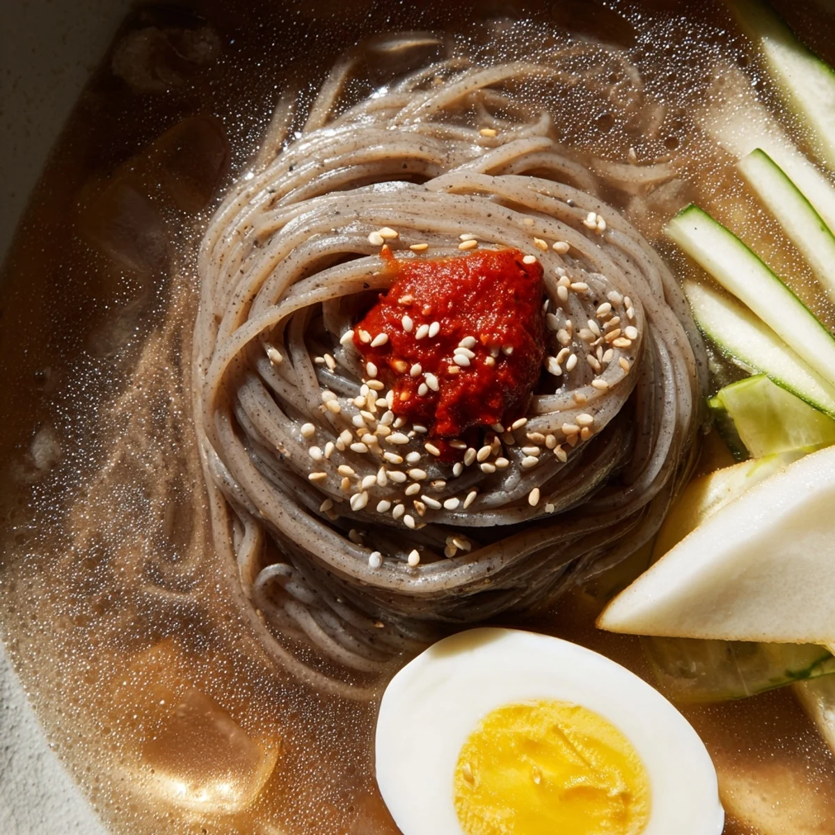 Buckwheat Korean naengmyeon served in chilled savory broth with crisp cucumber garnish