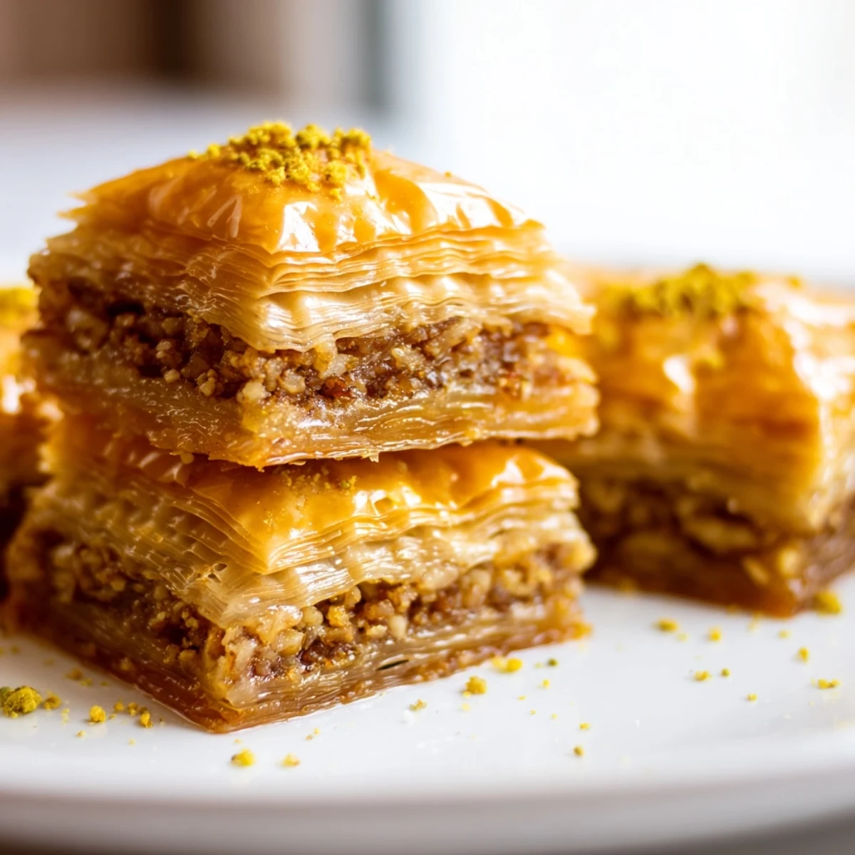 Golden Bosnian baklava diamonds glisten with sweet syrup on a decorative serving plate