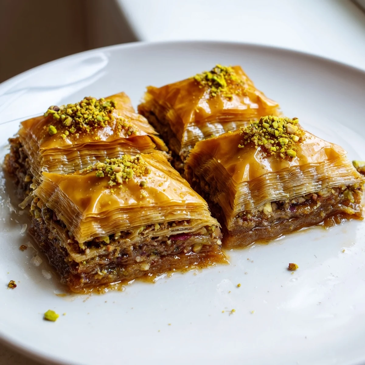 Crisp layered Bosnian baklava filled with spiced walnuts and drizzled honey syrup