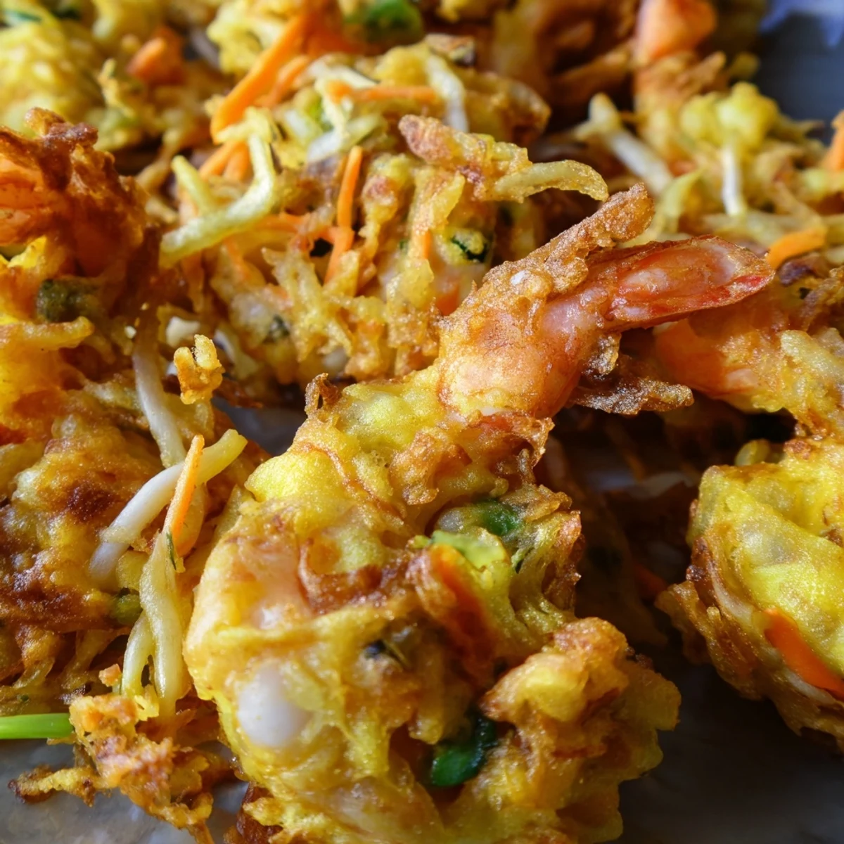 Crispy golden Ukoy Filipino shrimp fritters topped with julienned vegetables and tiny whole shrimp