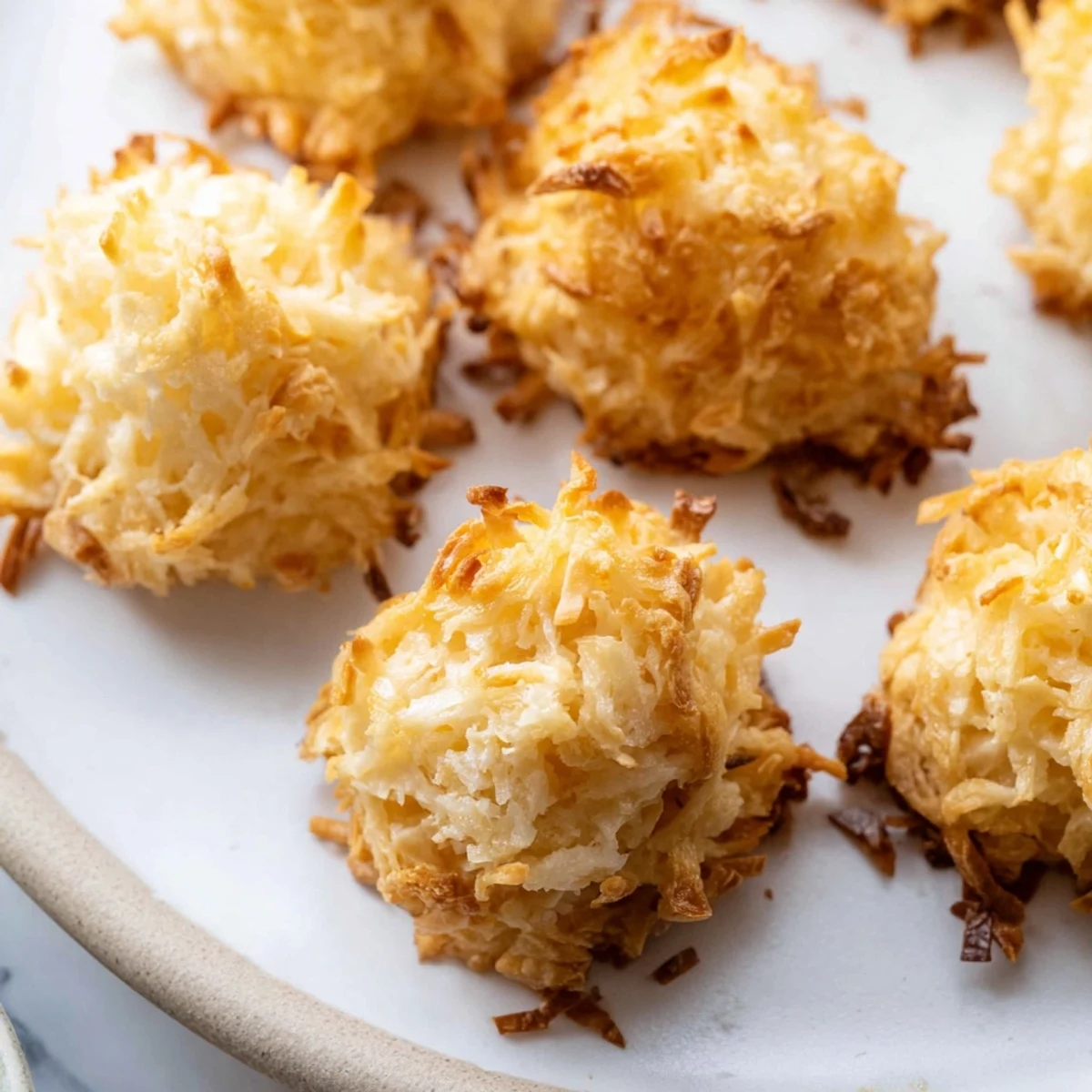 Golden chewy coconut macaroons with crispy edges sit on parchment ready for serving