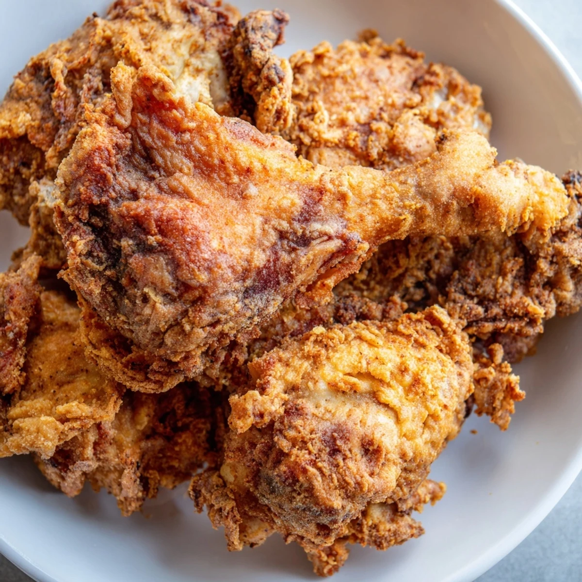 Crispy golden fried chicken pieces with a crunchy seasoned coating on a rustic plate