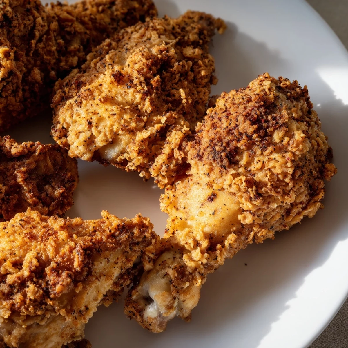 Juicy golden fried chicken served hot with a perfectly crackly crust and tender meat