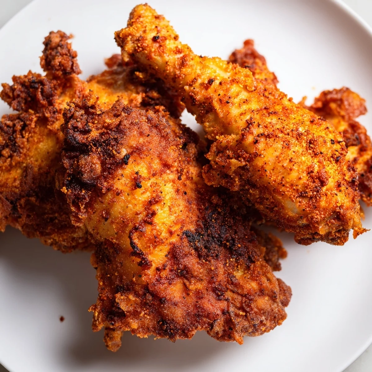 Thick-crusted buttermilk fried chicken resting on a wire rack, steaming and ready to serve