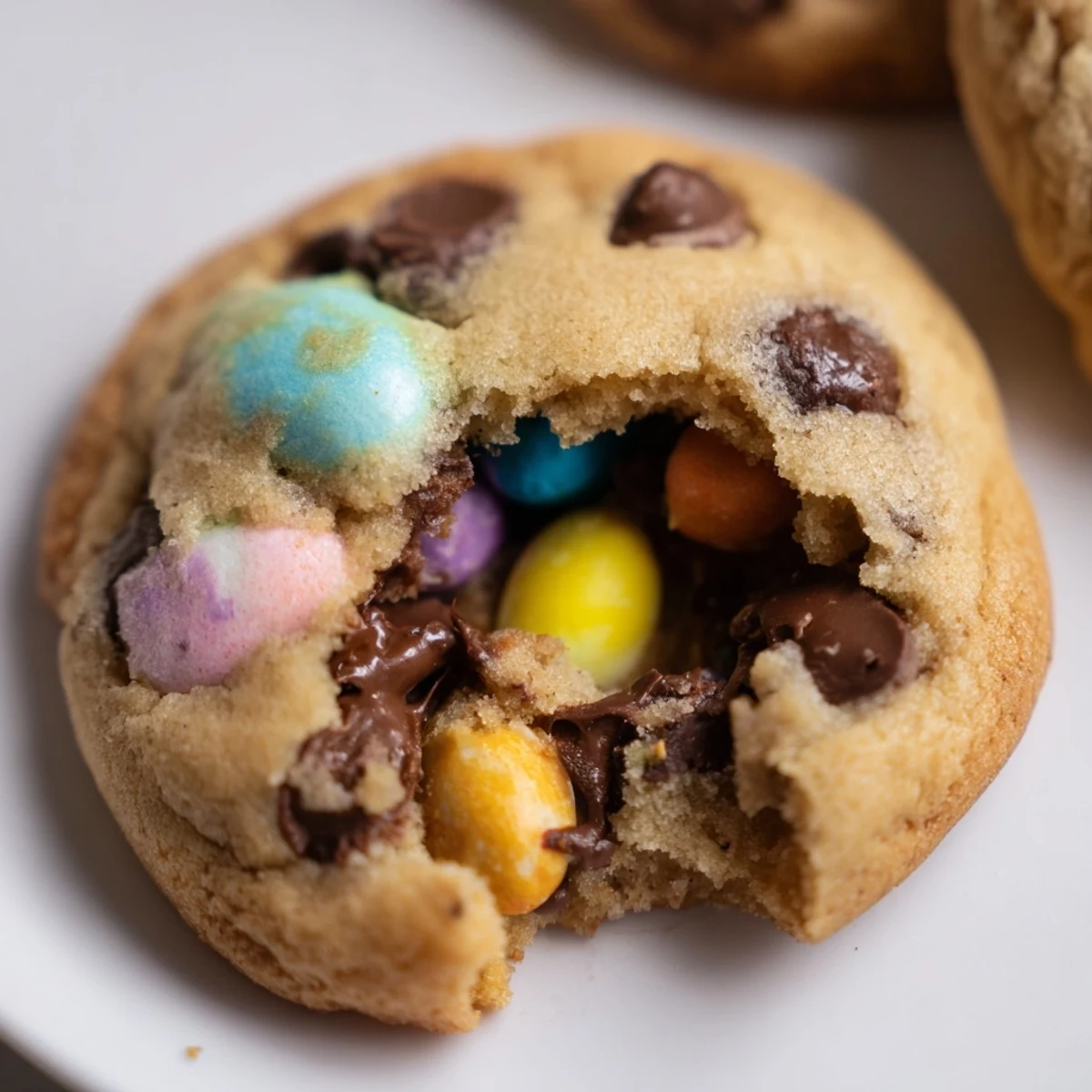 Chewy Cadbury Egg Cookies loaded with chocolate chips on a pastel Easter dessert table.