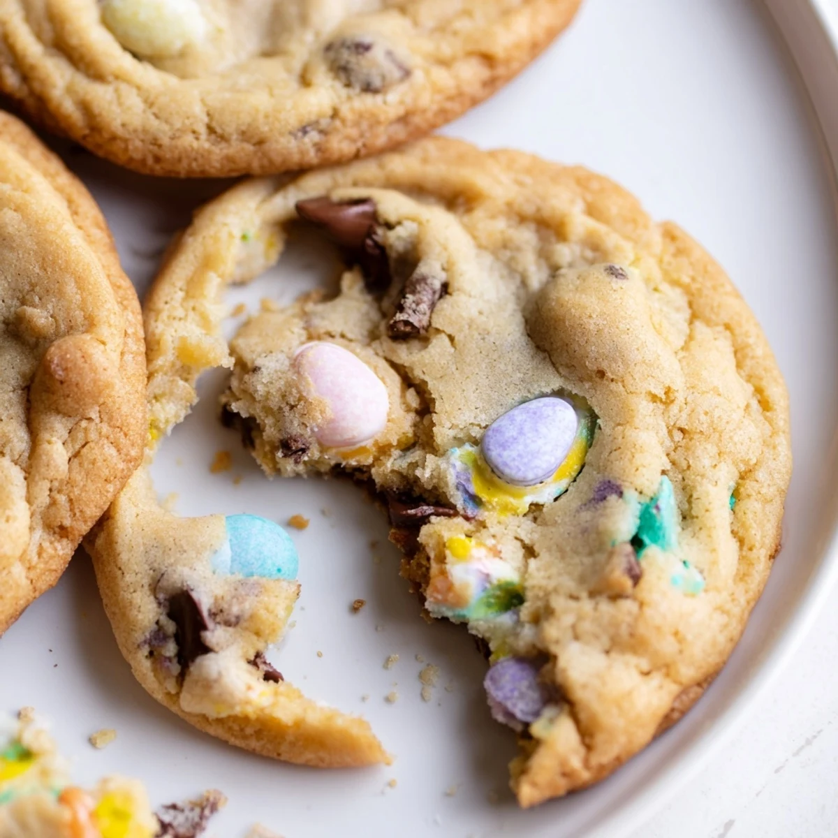 Soft, golden Cadbury Egg Cookies with colorful chocolate candies on a rustic baking sheet.