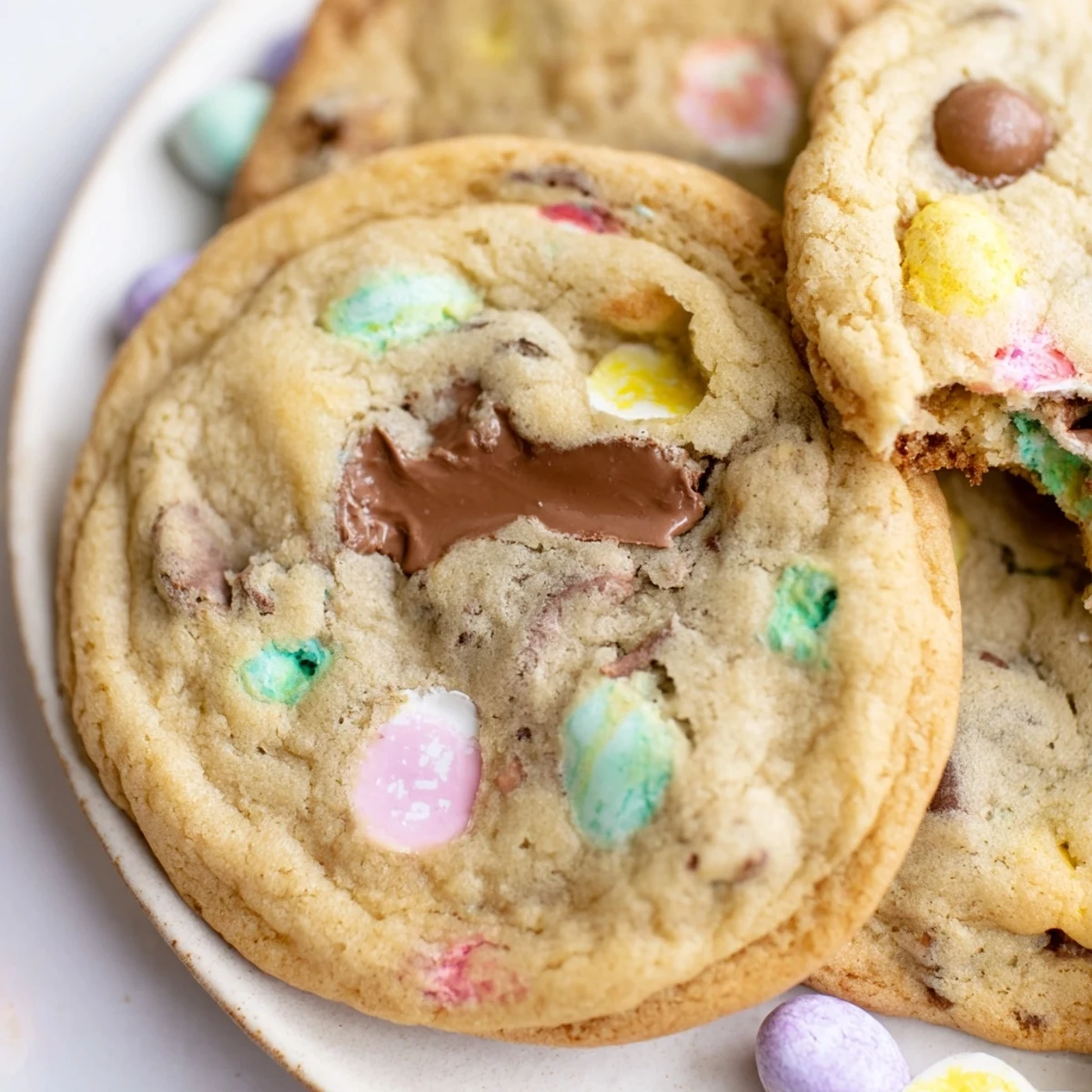 Warm Cadbury Egg Cookies fresh from the oven topped with vibrant candy pieces.
