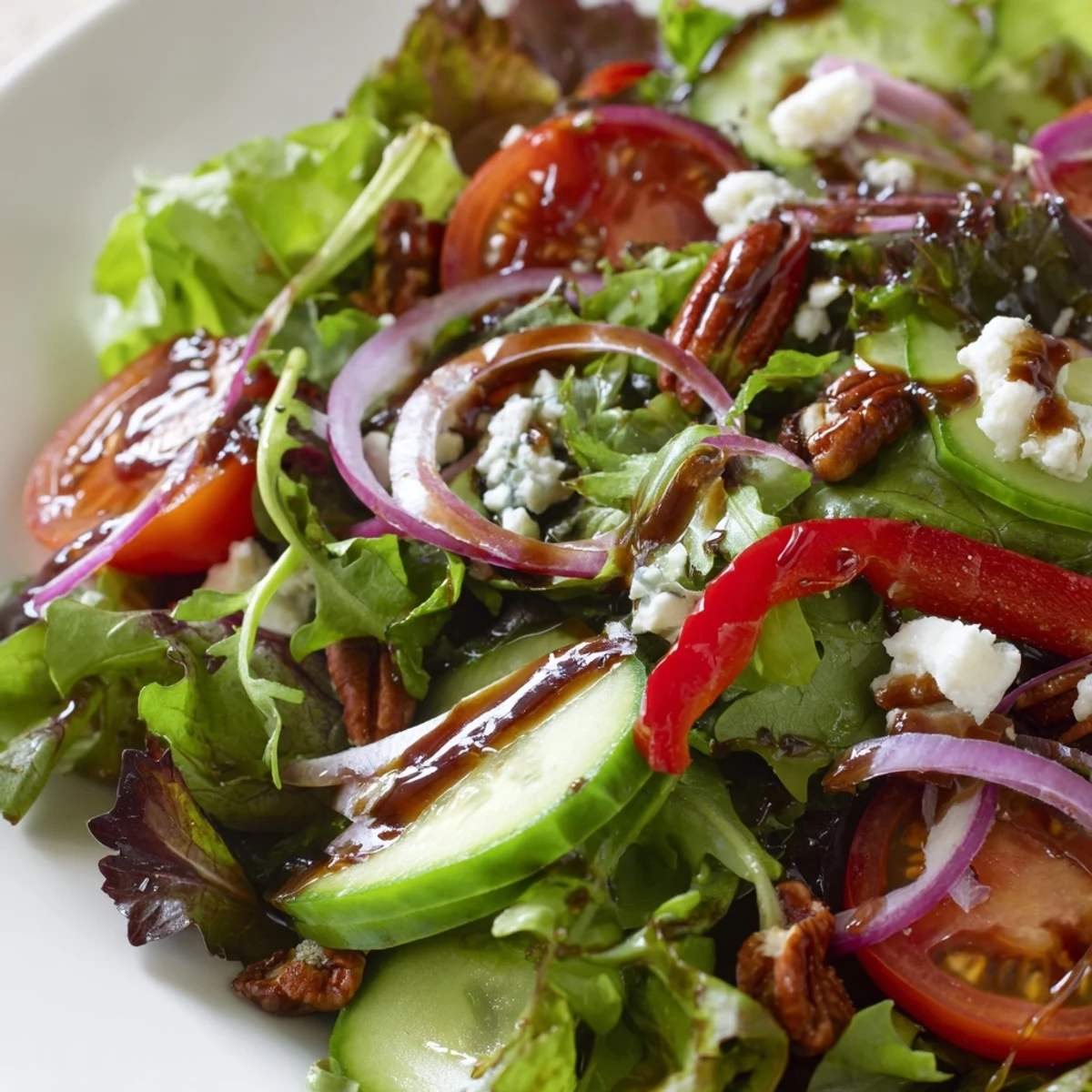 Fresh spring mix salad with colorful vegetables and crumbled feta in a white serving bowl