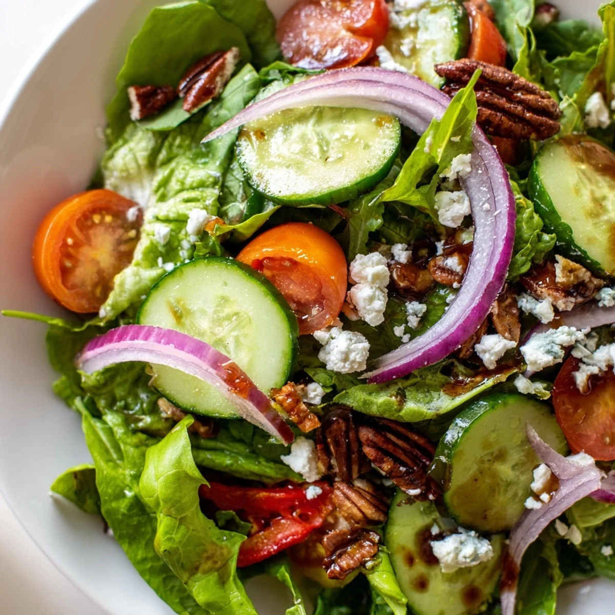 Crisp spring mix salad greens tossed with cherry tomatoes, cucumber, and tangy balsamic dressing