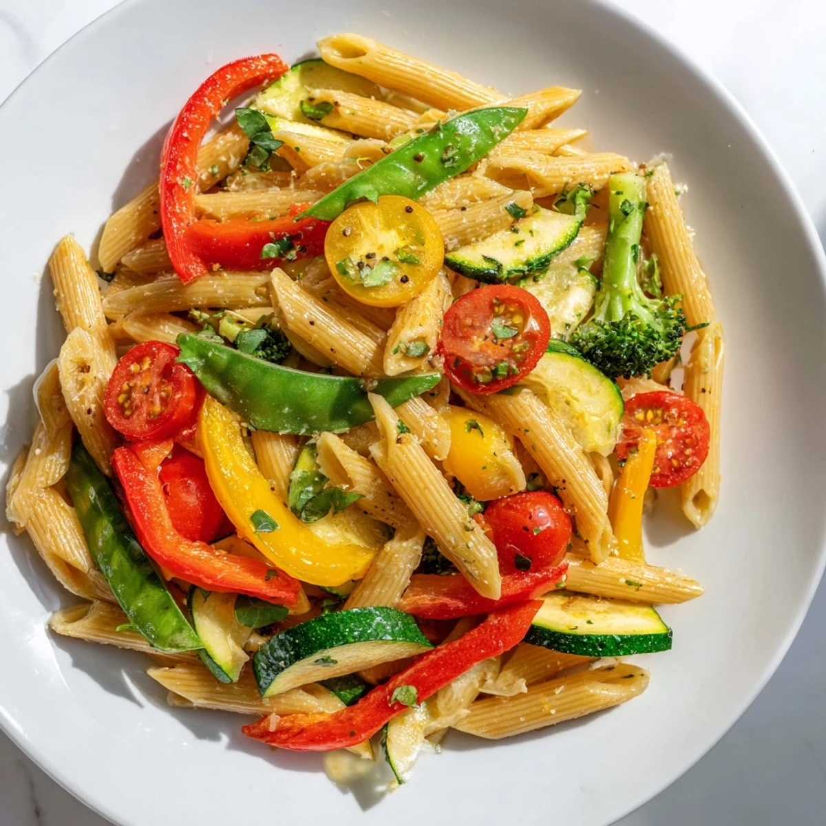 Colorful Pasta Primavera loaded with tender crisp vegetables in a light garlic lemon sauce