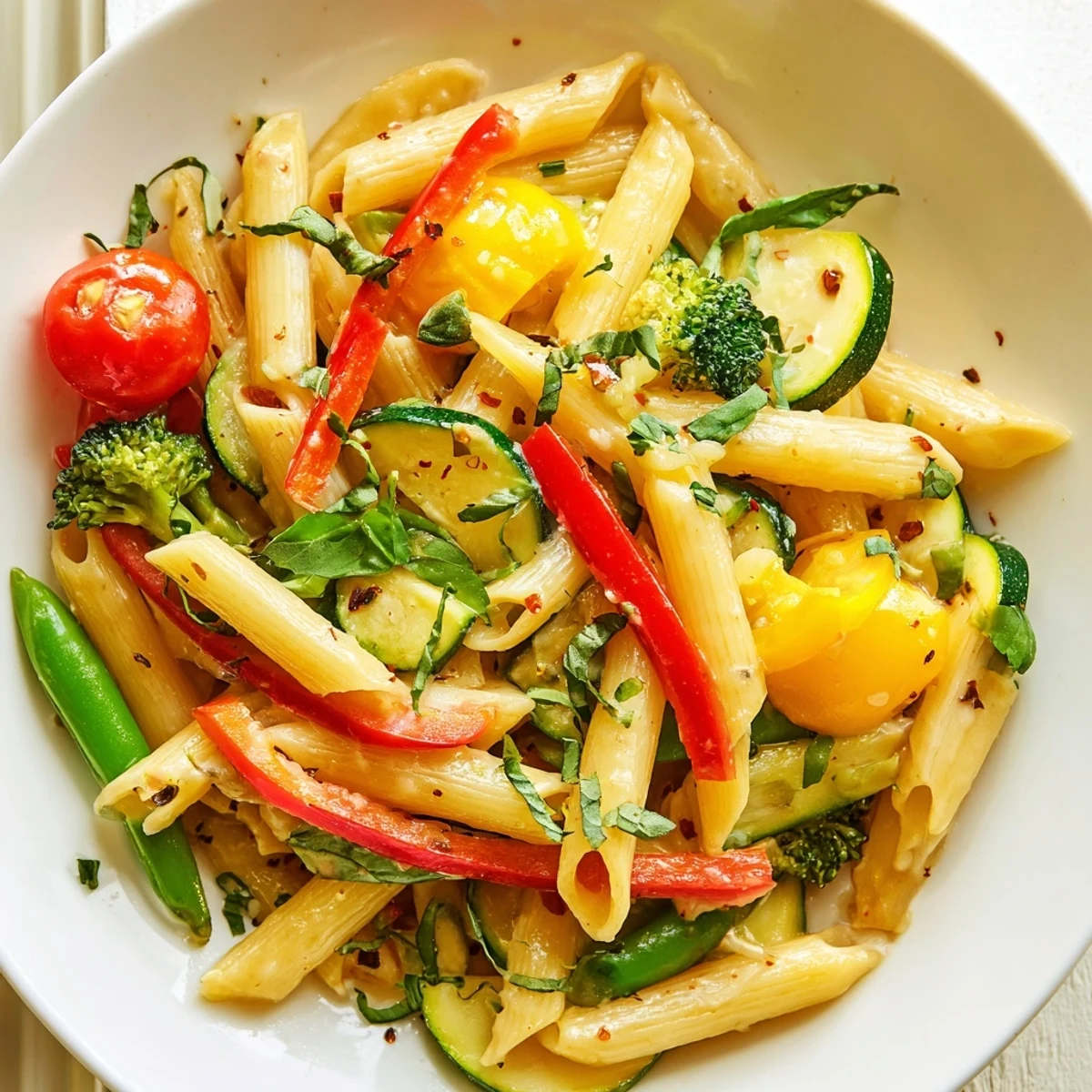 Creamy Pasta Primavera served in a white bowl with fresh basil and Parmesan