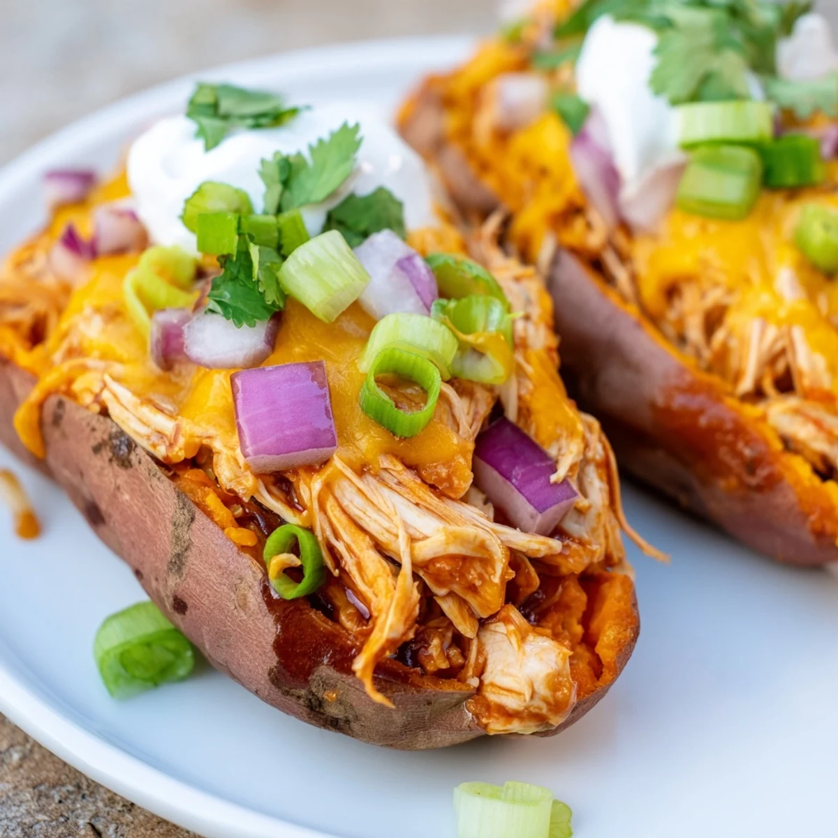 BBQ chicken stuffed sweet potatoes topped with melted cheddar and fresh green onions