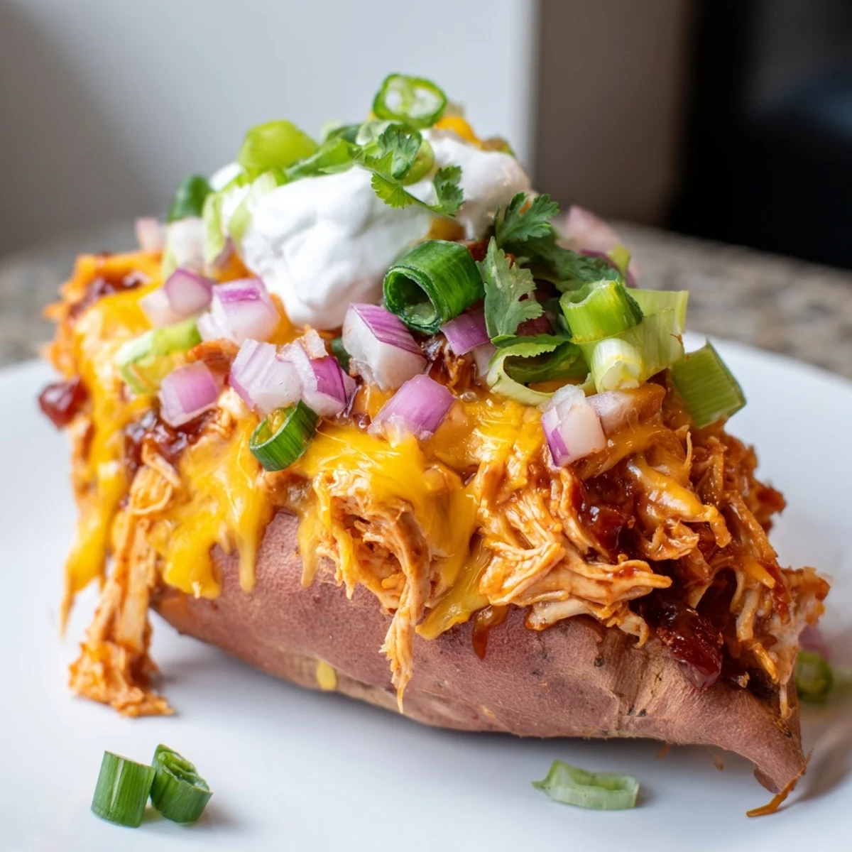 Split sweet potatoes loaded with smoky shredded BBQ chicken and bubbling cheese