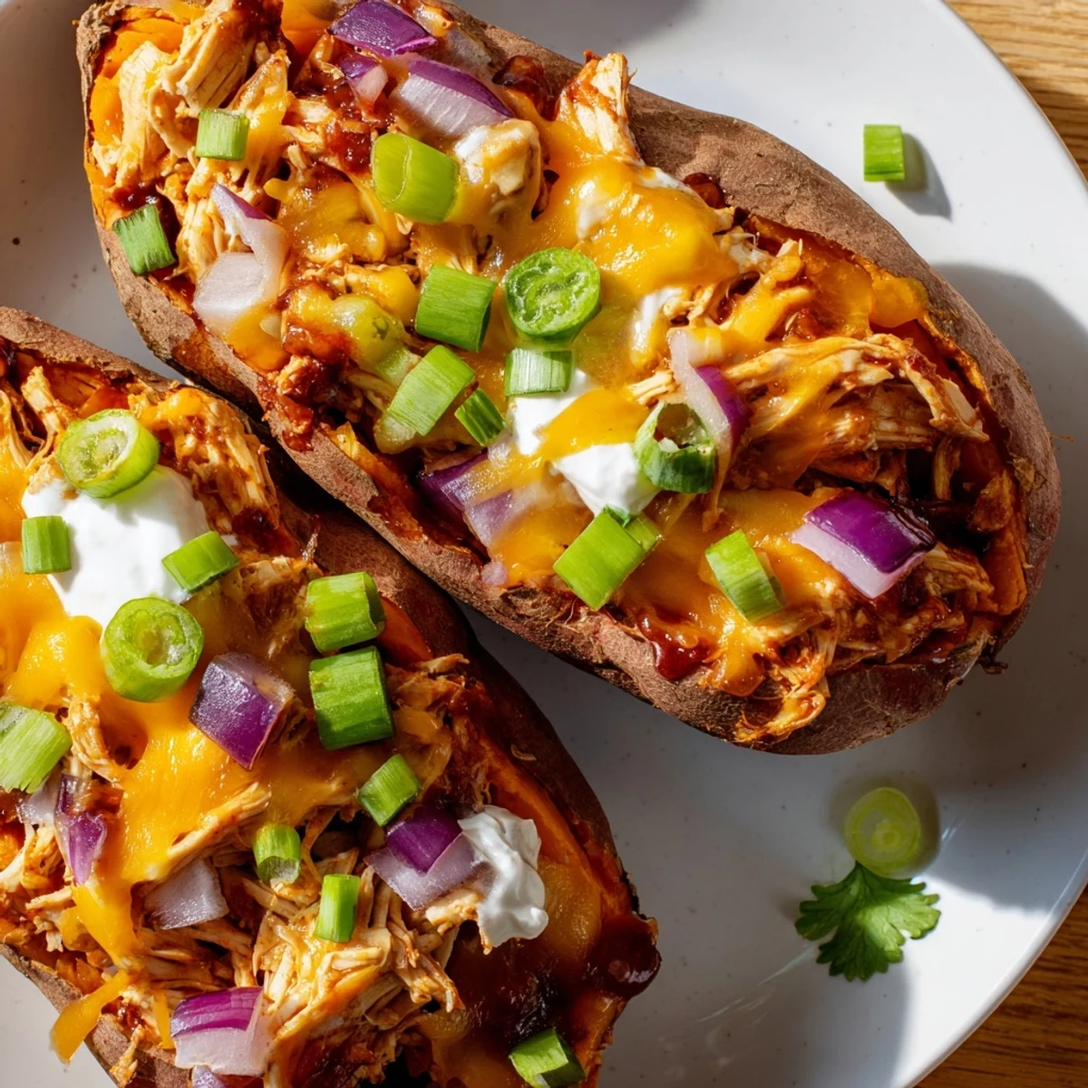 Golden roasted sweet potatoes overflowing with tangy BBQ chicken and creamy sour cream