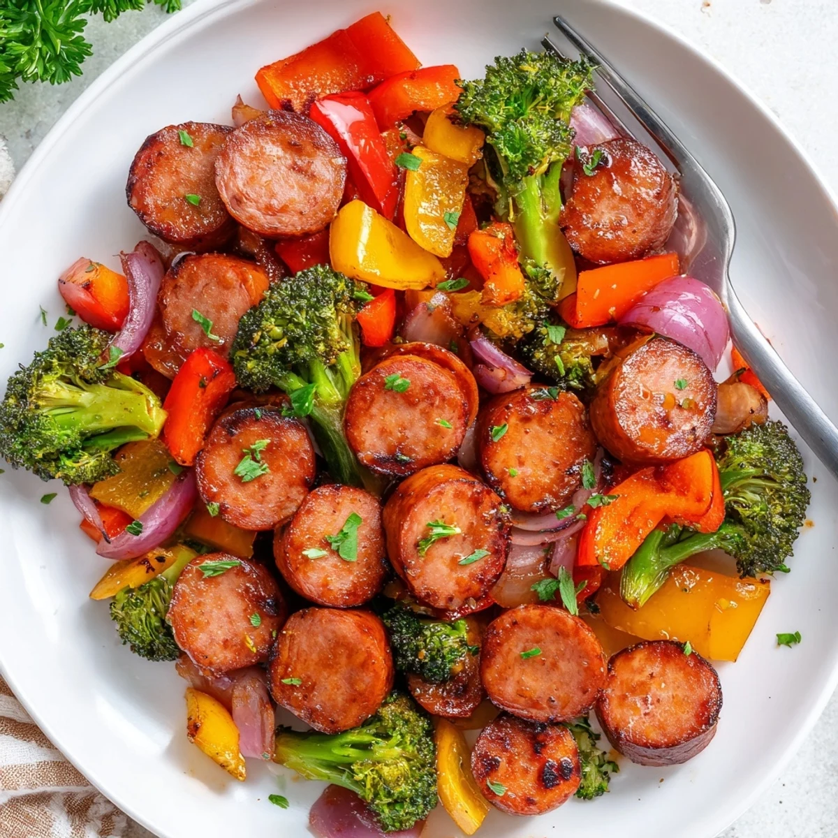 Golden honey garlic kielbasa roasted with colorful vegetables on a sheet pan