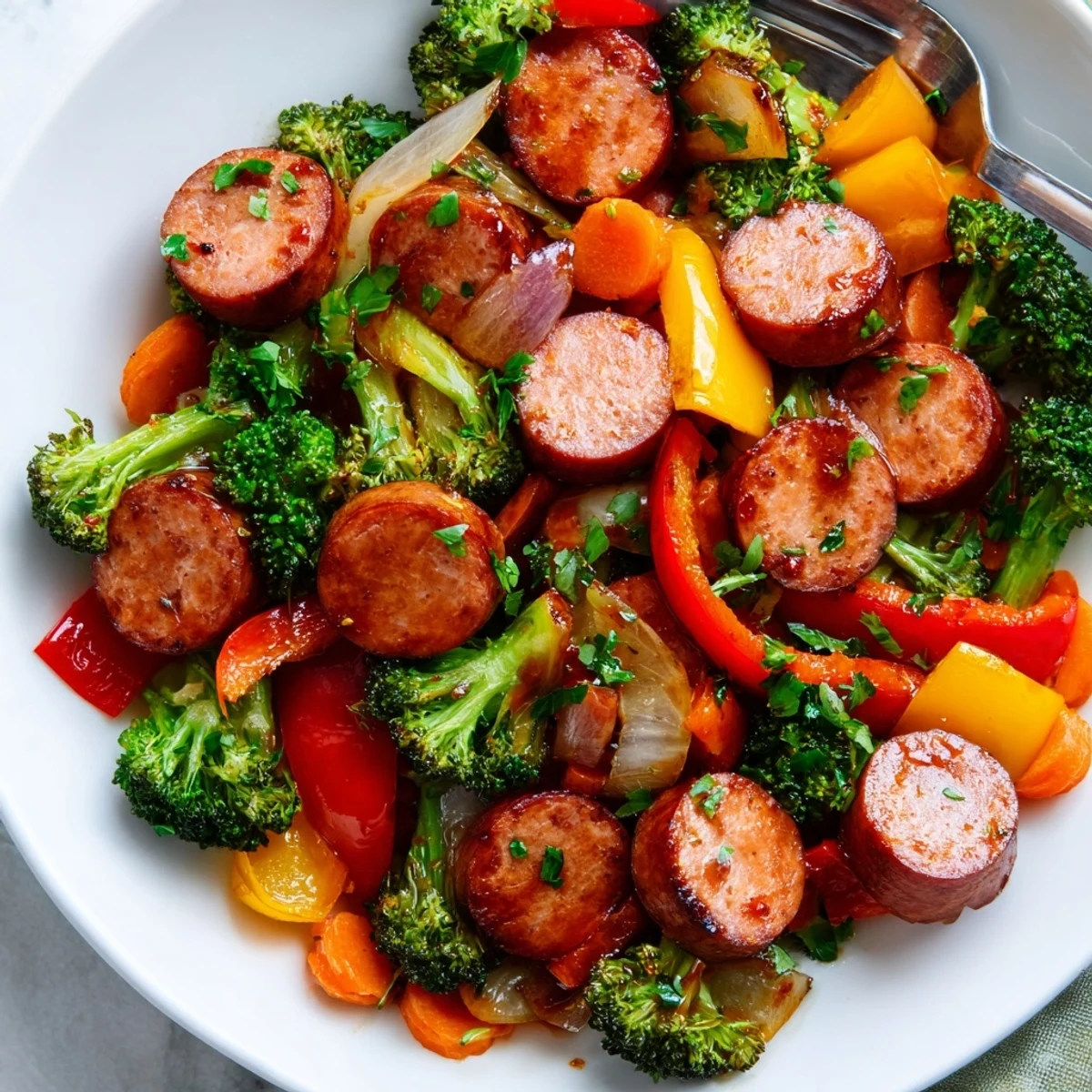 Smoky kielbasa and tender veggies glazed in sweet honey garlic sauce