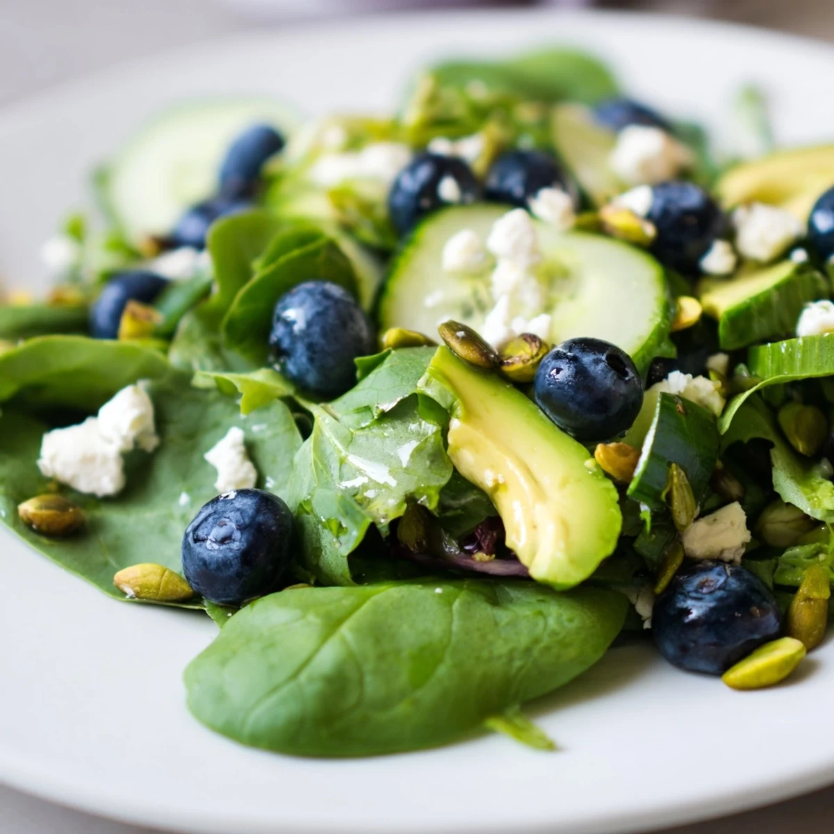 Fresh blueberry pistachio spring salad topped with creamy feta and zesty lemon dressing