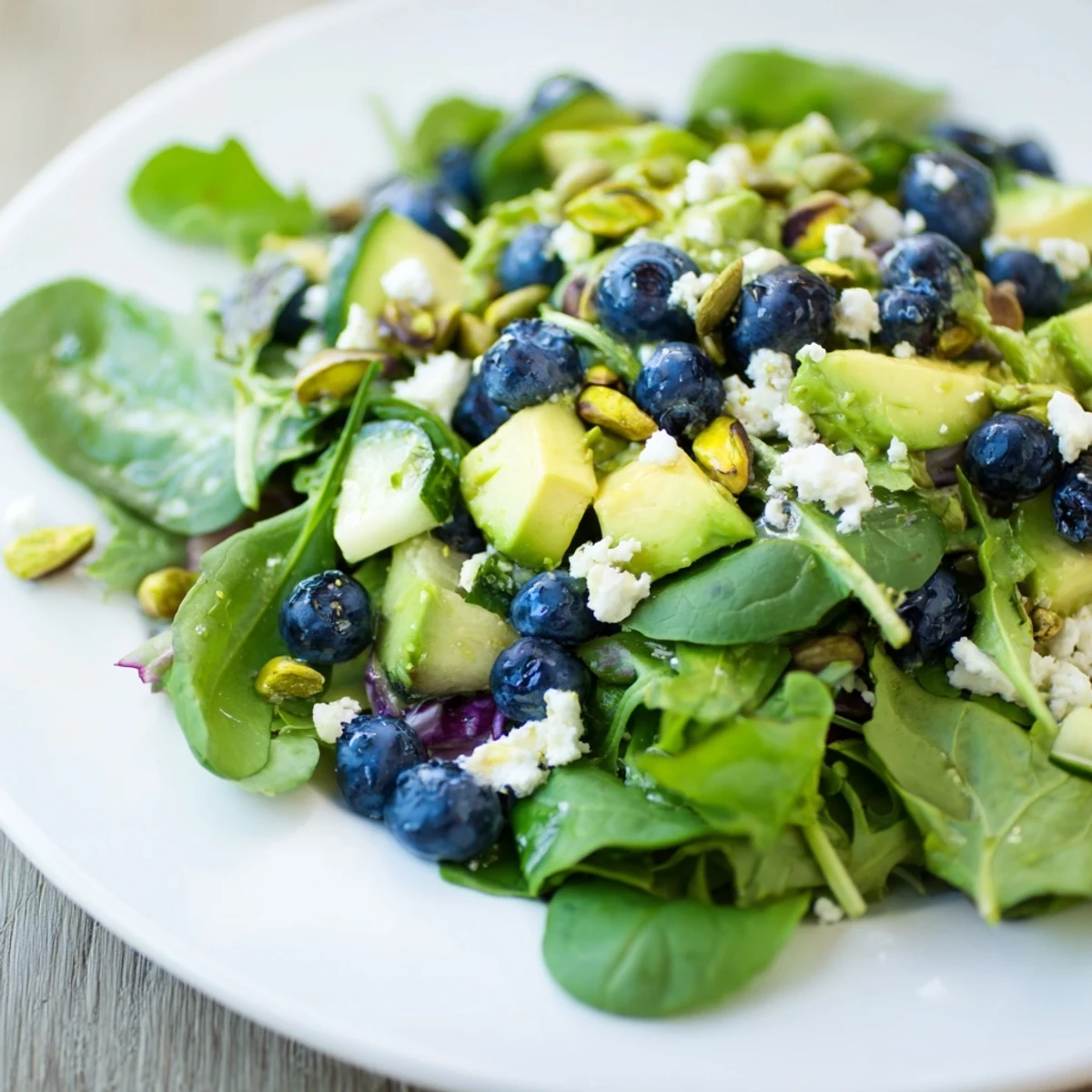 Colorful blueberry pistachio spring salad in a wooden bowl with crisp mixed greens