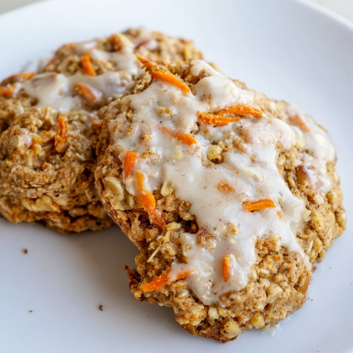 Golden brown butter carrot cake cookies with visible oats and shredded carrots on rustic baking sheet