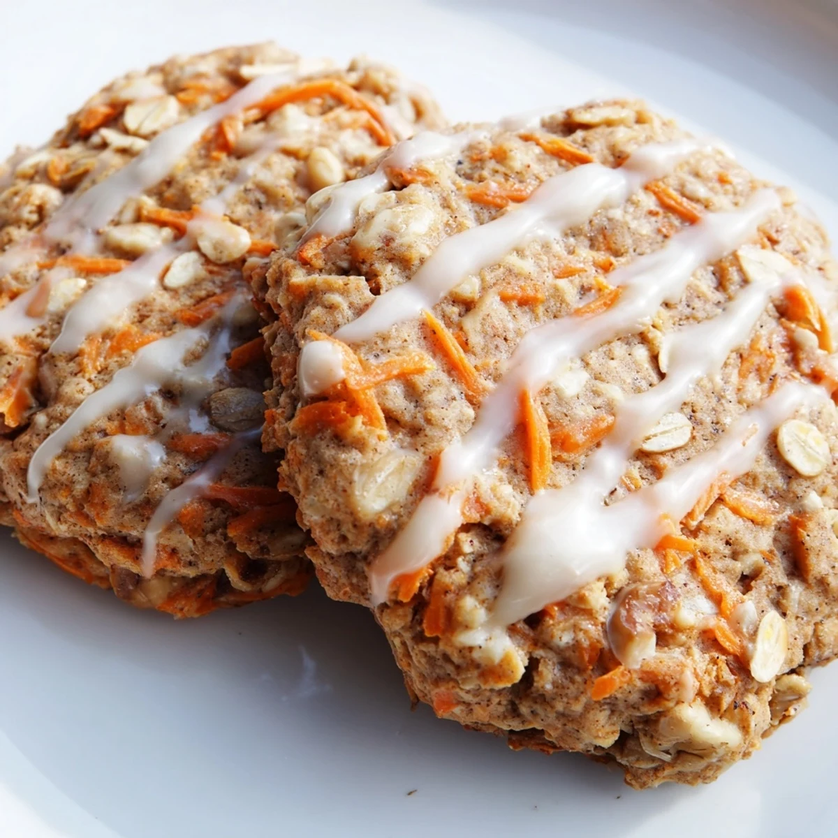 Chewy carrot cake cookies topped with creamy white glaze walnuts and warm spices