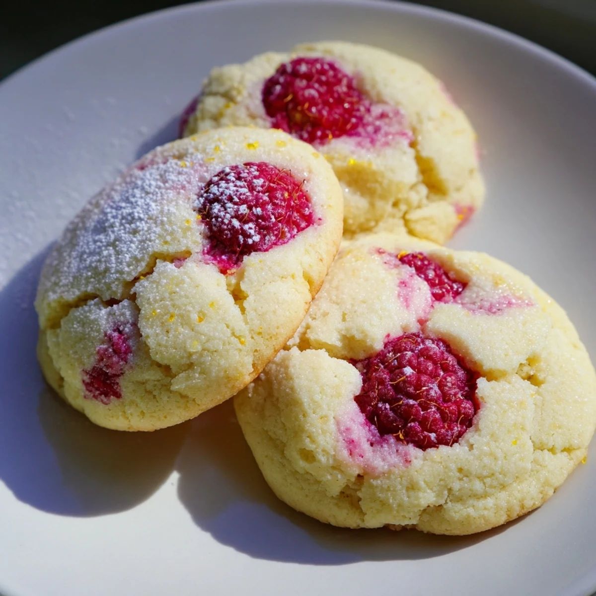 Golden lemon raspberry cookies with glistening berry halves on a rustic parchment-lined baking sheet