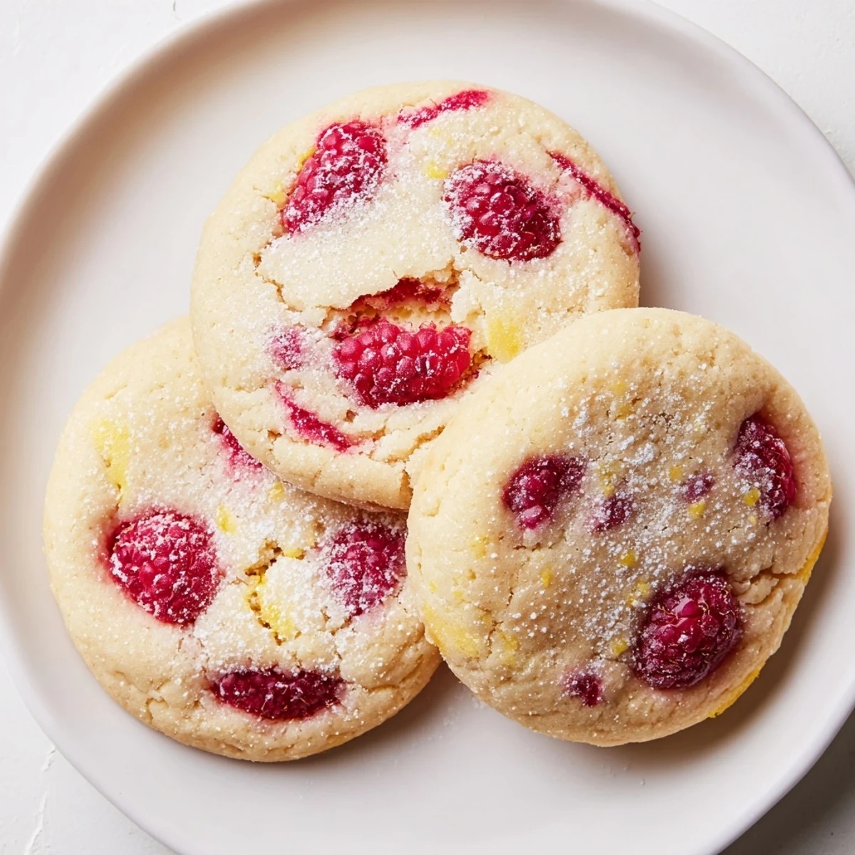 Soft lemon raspberry cookies bursting with bright red berries and a delicate powdered sugar finish